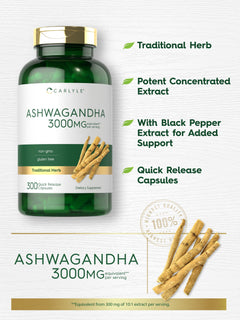 Ashwagandha Supplement 3000Mg | 300 Capsules | Non-Gmo, Gluten Free | by Carlyle