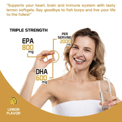 Health Dose Premium Omega 3 Fish Oil - Lemon Flavor, 2000mg EPA + DHA - Heart, Brain, Joint & Skin Support - No Fish Burps - 120 Softgels (2-Month Supply)
