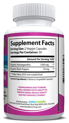 Ashwagandha Capsules with Black Pepper - 1300mg Organic Root Powder for Immunity, Energy & Stress Relief - 60 Capsules