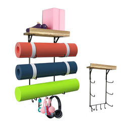 Yoga Mat Holder - Wall-Mount Storage Rack with 4 Hooks for Foam Rollers, Resistance Bands & Accessories - Sturdy Home Gym Organizer