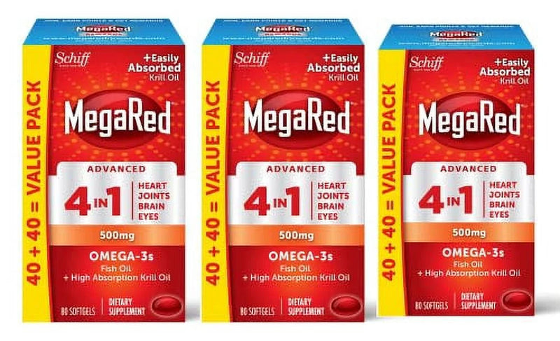 MegaRed Omega-3 Fish & Krill Oil, 80 Softgels - EPA, DHA, 3-Pack