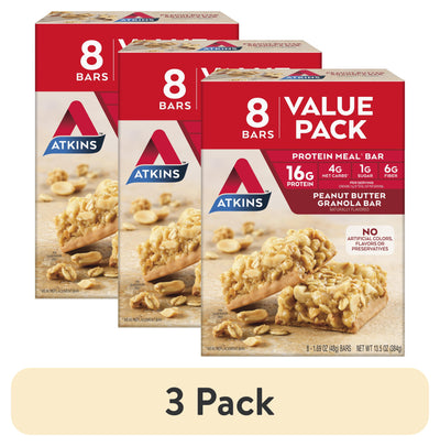 (3 Pack) Atkins Peanut Butter Granola Protein Meal Bar, 16G of Protein, Meal Replacement, 8 Count (Value Pack)