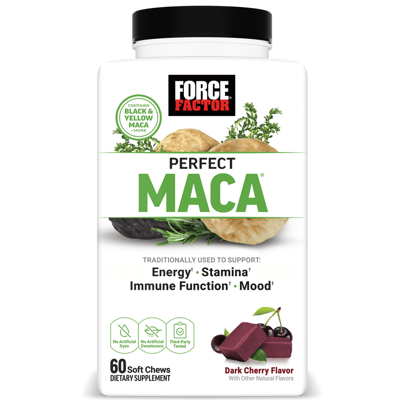 Force Factor Perfect Maca, Maca Root Supplement with Saffron, Dark Cherry Flavor, 60 Soft Chews