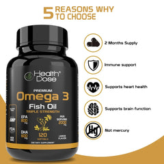 Health Dose Premium Omega 3 Fish Oil - Lemon Flavor, 2000mg EPA + DHA - Heart, Brain, Joint & Skin Support - No Fish Burps - 120 Softgels (2-Month Supply)