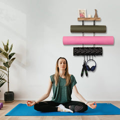 Yoga Mat Holder - Wall-Mount Storage Rack with 4 Hooks for Foam Rollers, Resistance Bands & Accessories - Sturdy Home Gym Organizer