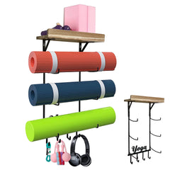 Yoga Mat Holder - Wall-Mount Storage Rack with 4 Hooks for Foam Rollers, Resistance Bands & Accessories - Sturdy Home Gym Organizer