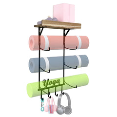 Yoga Mat Holder - Wall-Mount Storage Rack with 4 Hooks for Foam Rollers, Resistance Bands & Accessories - Sturdy Home Gym Organizer