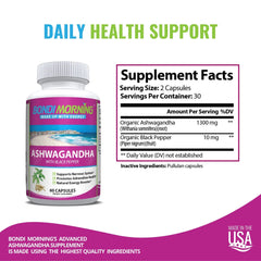 Ashwagandha Capsules with Black Pepper - 1300mg Organic Root Powder for Immunity, Energy & Stress Relief - 60 Capsules